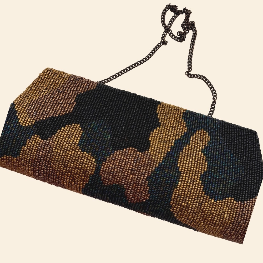Vintage Bougainvillea Beaded Clutch Bag Gold Bronze Black Camo Evening  Bag